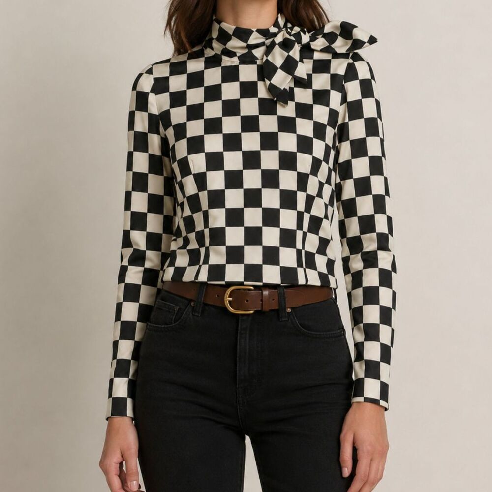 Vintage Black‎ White Checkered Bow Blouse Size Small